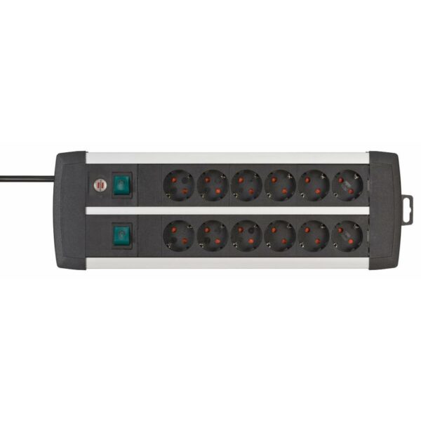 Brennenstuhl Premium-Alu-Line Technics extension lead 12-way Duo black 3m H05VV-F 3G1.5 with every 6 sockets switched (1391000912) (BNN1391000912) - SCAX