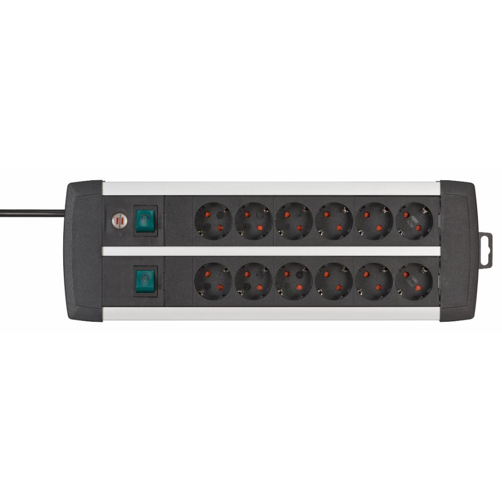 Brennenstuhl Premium-Alu-Line Technics extension lead 12-way Duo black 3m H05VV-F 3G1.5 with every 6 sockets switched (1391000912) (BNN1391000912) - SCAX
