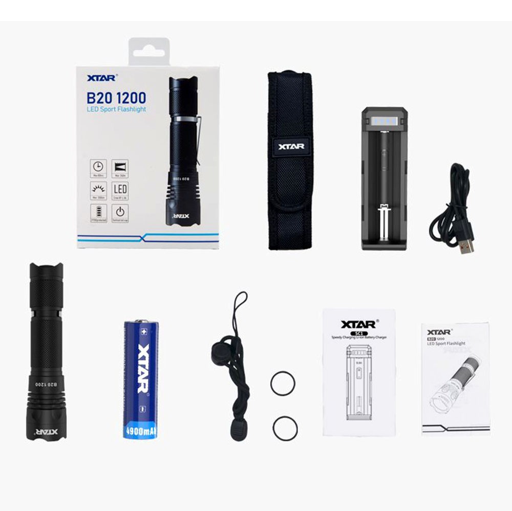 Σετ Επαναφορτιζόμενος Φακός Xtar B20 Sports 1200 Lumens IPX8 Απόσταση 240m με Μπαταρία 21700 4900mAh Αλουμινίου και Φορτιστή SC1 - SCAX