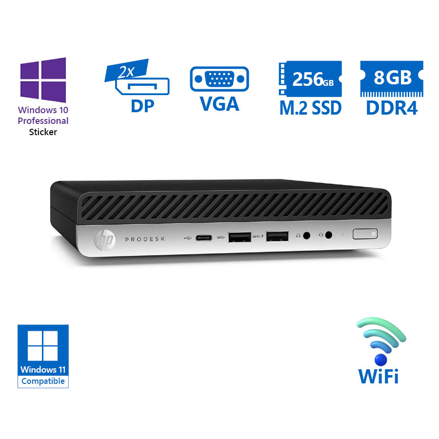 HP ProDesk 600G4 DM WiFi i5-8500T/8GB DDR4/256GB M.2 SSD/No ODD/10P Grade A Refurbished PC - SCAX