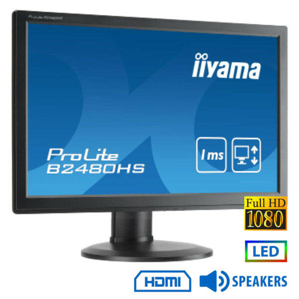 Used Monitor B2480HS LED/IIyama/24``FHD/1920x1080/Wide/Black/w/Speakers/D-SUB & DVI-D & HDMI - SCAX