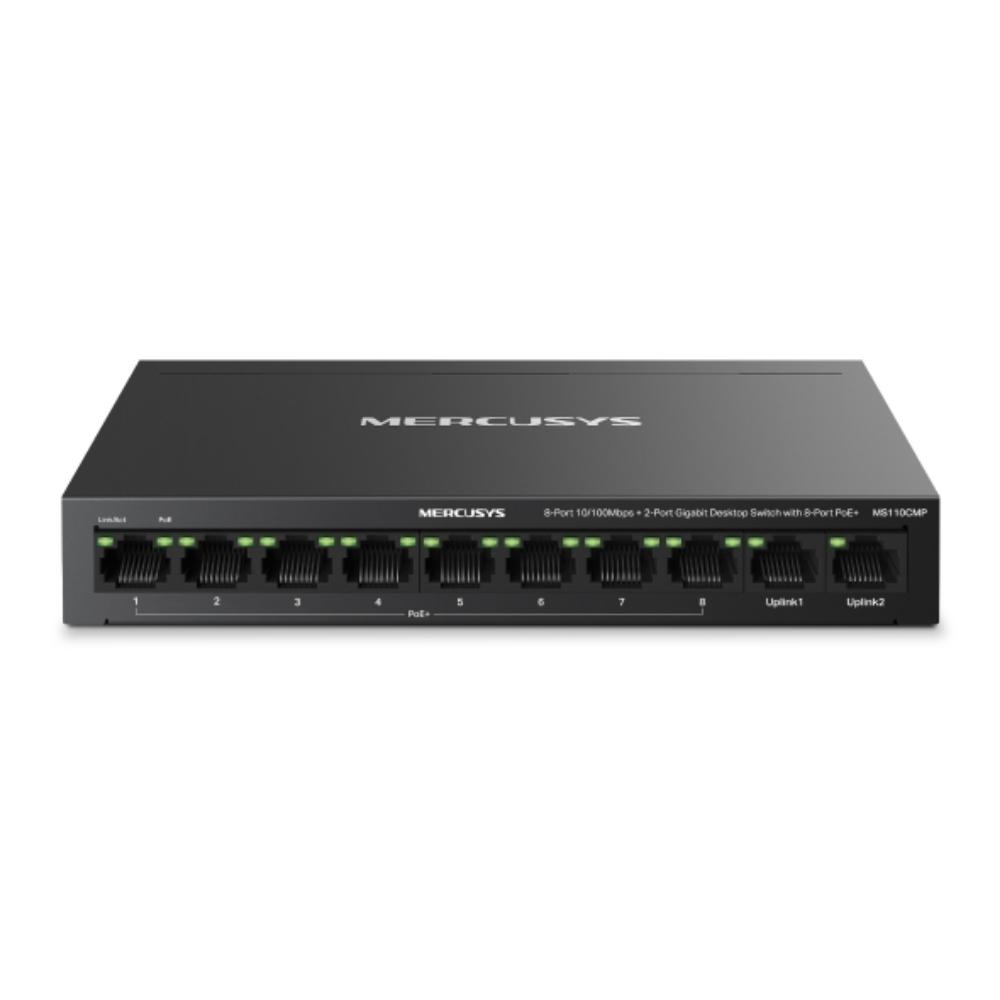 Mercusys 8-Port 10/100 Mbps + 2-Port Gigabit Desktop Switch with 8-Port PoE+ (MS110CMP) (MERMS110CMP) - SCAX Mercusys 8-Port 10/100 Mbps + 2-Port Gigabit Desktop Switch with 8-Port PoE+ (MS110CMP) (MERMS110CMP) - SCAX