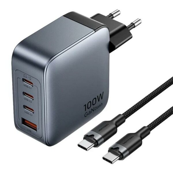 VENTION 4-Port USB (C + C + C + A) GaN Charger (100W/100W/30W/30W) Gray with USB-C to USB-C Cable (1M) Black EU-Plug (TZ-FETH0-EU) (VENTZ-FETH0-EU) - SCAX