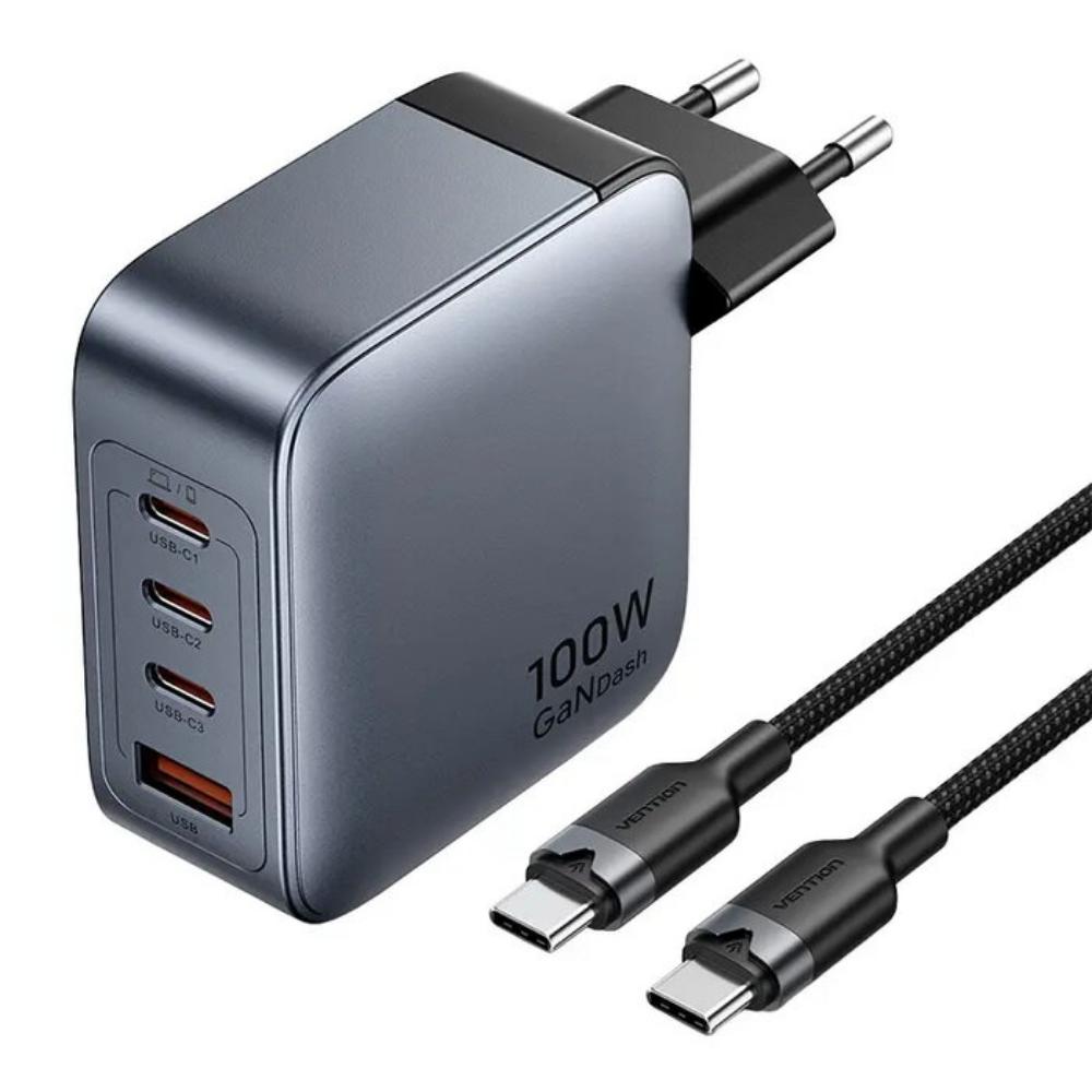 VENTION 4-Port USB (C + C + C + A) GaN Charger (100W/100W/30W/30W) Gray with USB-C to USB-C Cable (1M) Black EU-Plug (TZ-FETH0-EU) (VENTZ-FETH0-EU) - SCAX