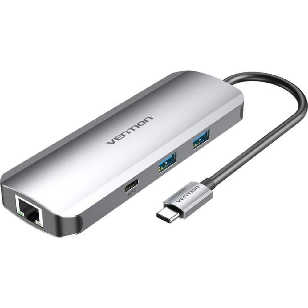 VENTION Multi-function USB-C to HDMI/USB-C Gen 1/USB3.0x2/RJ45/SD/TF/TRRS 3.5mm/PD Docking Station 0.15M Gray Aluminum Alloy Type (TOMHB) (VENTOMHB) - SCAX