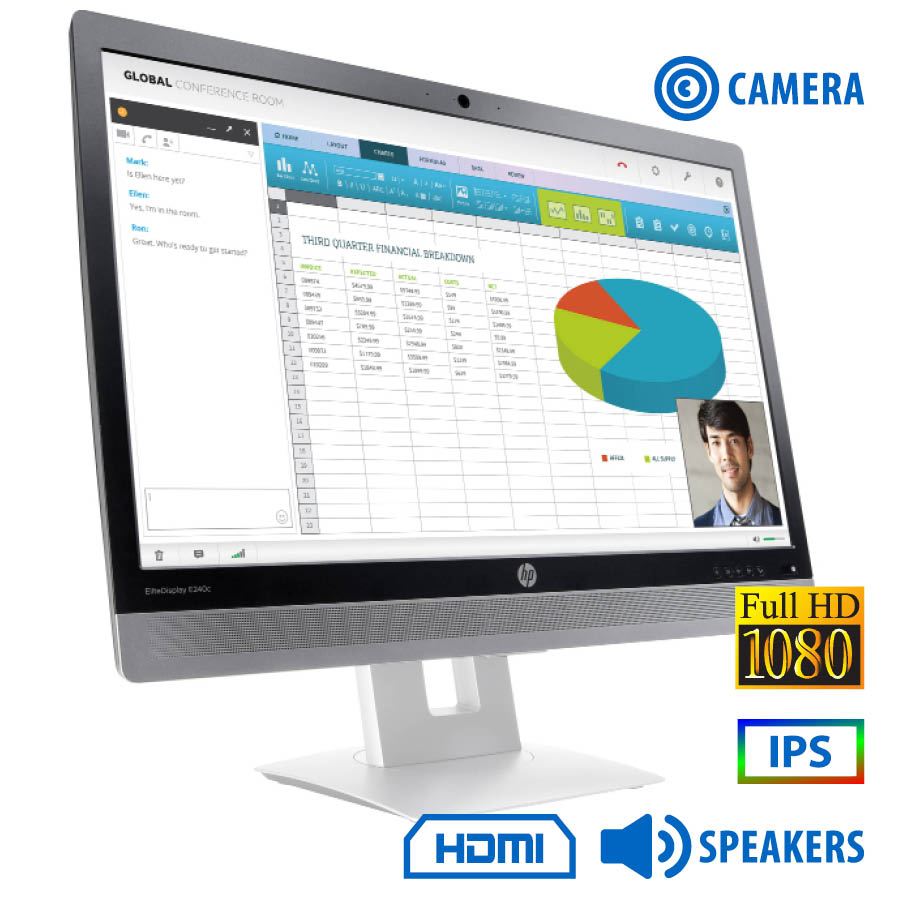 Used Monitor EliteDisplay E240c IPS LED/HP/24``FHD/w/Camera/1920x1080/Wide/Black/w/Speakers/D-SUB & - SCAX