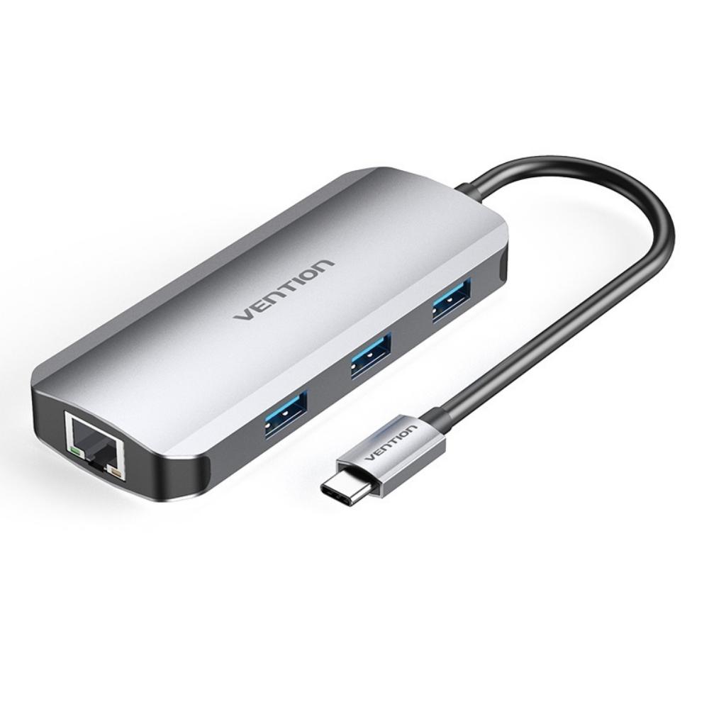 VENTION Type-C to HDMI/USB 3.0x3/RJ45/PD 100W Docking Station 0.15M Gray Aluminum Alloy Type (TOHHB) (VENTOHHB) - SCAX